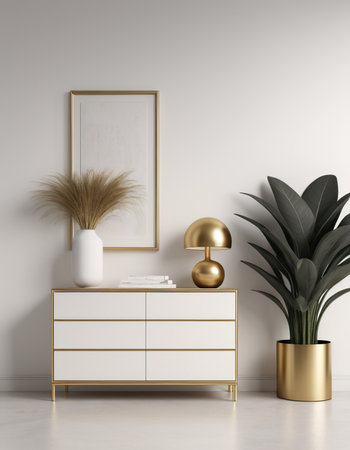 Interior of modern living room with white walls, concrete floor, golden chest of drawers and plant. 3d renderの素材