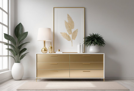 Interior of modern living room with golden chest of drawers, 3d renderの素材