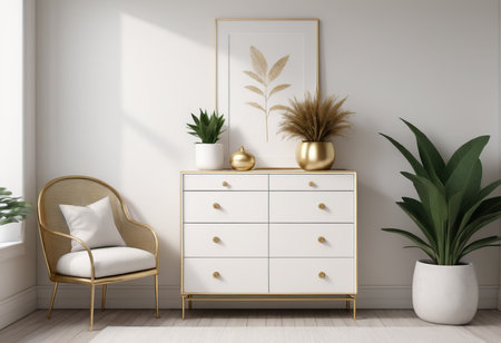 Interior of living room with white walls, wooden floor, white chest of drawers with golden armchair and plant. 3d renderの素材