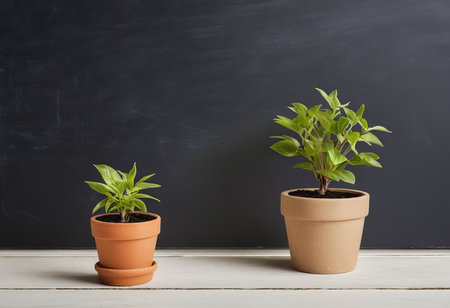 Plants in pots on a white wooden table and blackboard backgroundの素材