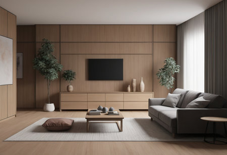 Interior of modern living room with wooden walls, wooden floor, brown sofa and coffee table. 3d renderingの素材