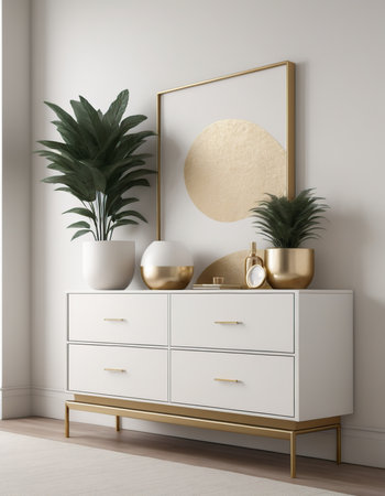 Interior of modern living room with white walls, wooden floor, white chest of drawers with golden frames and plants. 3d renderの素材