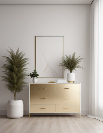 Interior of modern living room with white walls, wooden floor, golden chest of drawers and plants. 3d renderの素材