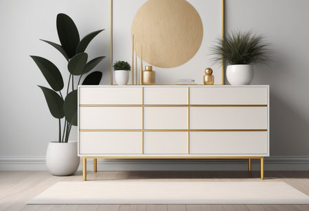 Interior of modern living room with wooden commode, 3d renderの素材