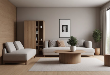 Interior of modern living room with brown walls, wooden floor, beige sofa standing near round coffee table and bookcase. 3d renderingの素材