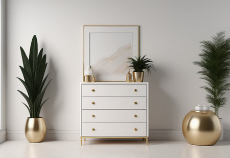 Modern interior with chest of drawers and plants, 3d renderの素材