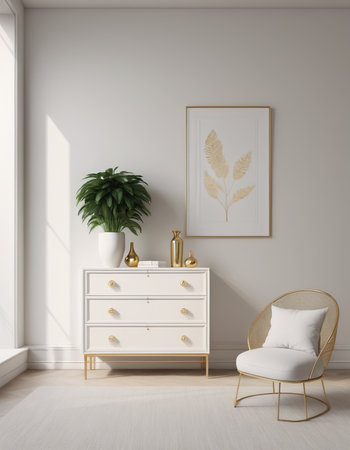 Interior of living room with white walls, wooden floor, white armchair standing near white chest of drawers. 3d renderingの素材