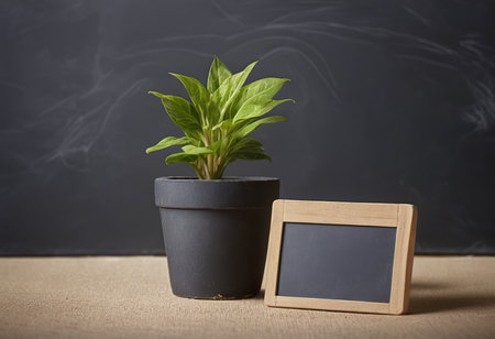 Plant in pot with chalkboard on blackboard background, education conceptの素材