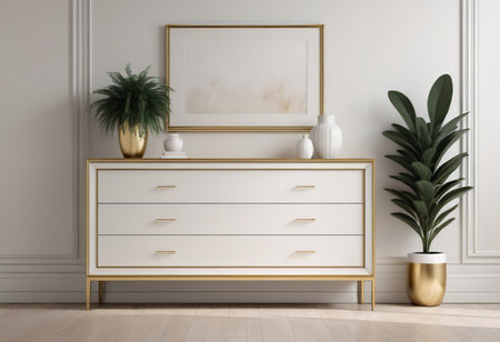 Interior of modern living room with wooden chest of drawers and plants. 3d renderの素材