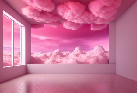 Empty room with pink clouds and window, 3d render, square imageの素材