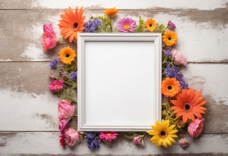 White frame with colorful flowers on wooden background. Top view with copy spaceの素材