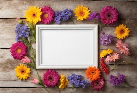 Flowers and photo frame on wooden background. Top view with copy spaceの素材
