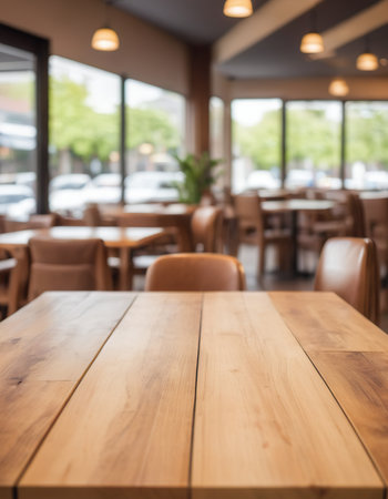 Empty wooden table and coffee shop blur background with bokeh image.の素材