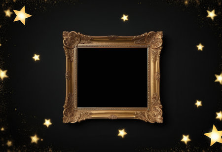 Golden picture frame on a black background with stars and sparkles.の素材