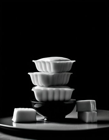 Three white porcelain bowls with sugar cubes on a black backgroundの素材