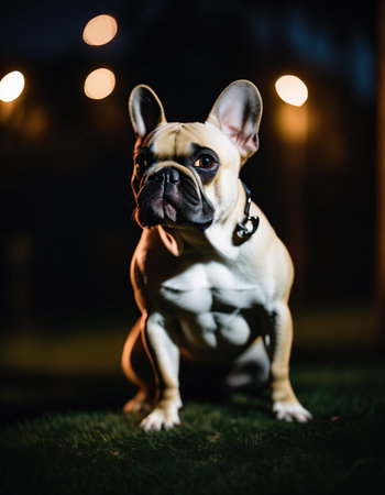French bulldog sitting on the grass in front of the night lightsの素材