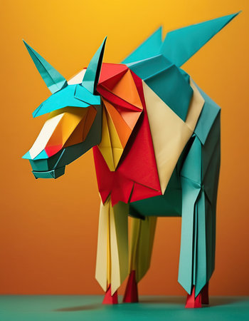 Paper origami unicorn isolated on orange background. 3d illustration.の素材