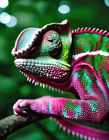 Colorful chameleon on a branch, closeup of photoの素材
