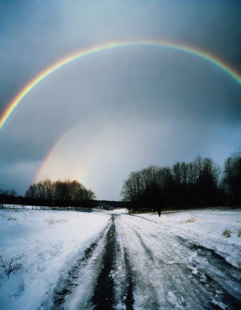 Rainbow over a country road in winter with snow and trees.の素材