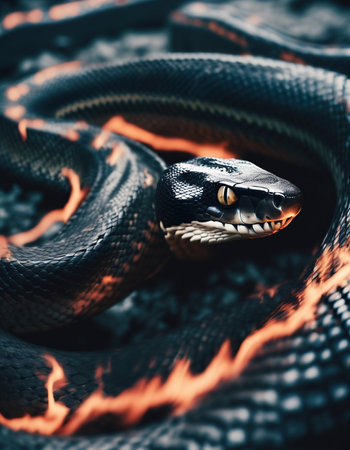Portrait of a snake with a black head on a fire backgroundの素材