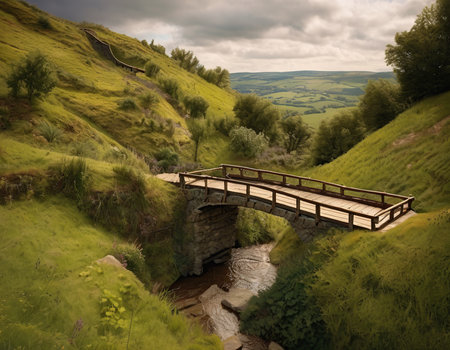 A wooden bridge over a small stream in the Yorkshire Dales.の素材