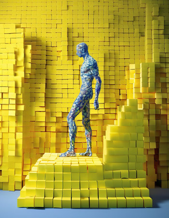 3D rendering of a man standing on a pyramid of yellow blocksの素材