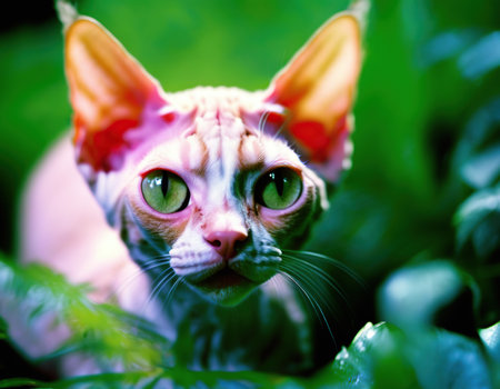 Portrait of a purebred sphinx cat in the gardenの素材