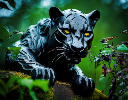 Fantasy image of a black panther in the green forest.の素材