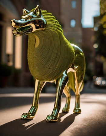 Golden lion statue in the city at sunset. Selective focus.の素材