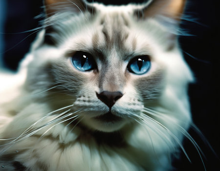 Portrait of a cat with blue eyes on a black background.の素材