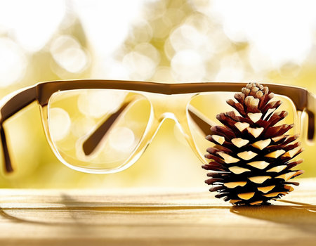 Pine cone and glasses on wooden table in front of blurred backgroundの素材