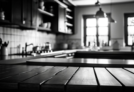 Empty wooden table and coffee shop blur background with bokeh image.の素材