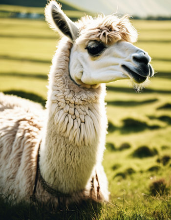 Alpaca in the field. Alpaca is a domesticated South American camelid.の素材