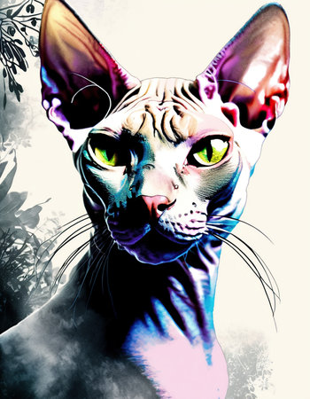 Digital illustration of a cat with green eyes in a surreal style.の素材