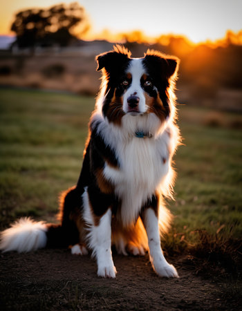 Australian Shepherd sitting in the sunset light. Portrait of Australian Shepherd.の素材