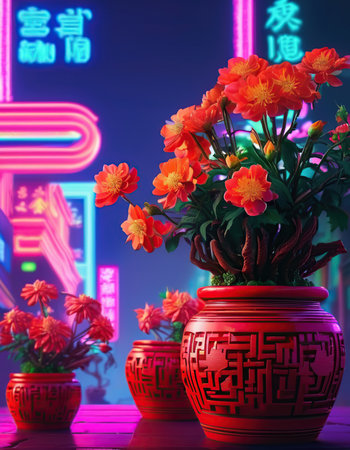 Vase with flowers on the table in front of the neon backgroundの素材