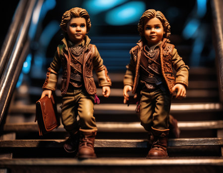 Miniature people: Little boy and girl standing on the stairs.の素材