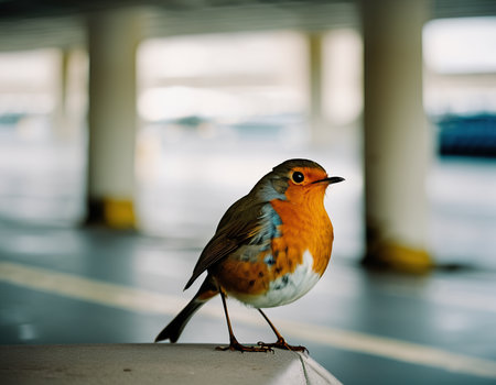 Robin bird on the deck of a cruise ship. Selective focus.の素材