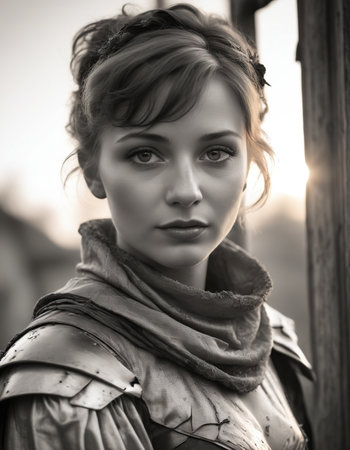 Portrait of a beautiful young woman in a medieval armor. Black and white photo.の素材