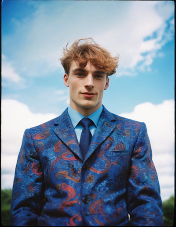 Portrait of young handsome man in blue suit against blue sky.の素材