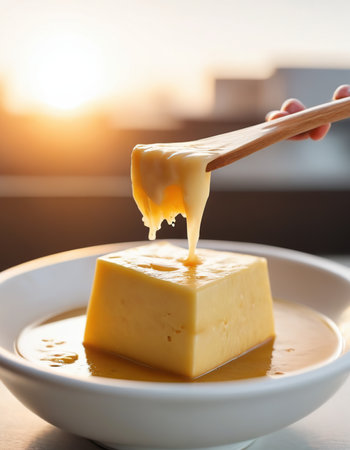 Pouring melted butter on a piece of cheese in a white bowlの素材