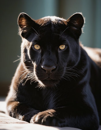 Portrait of a black panther with yellow eyes on a light backgroundの素材