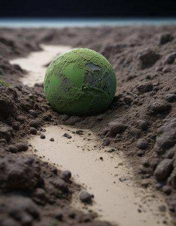 Green planet in the mud. 3d illustration. Elements of this image furnished by NASAの素材