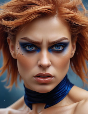 Portrait of a beautiful woman with red hair and blue make up.の素材