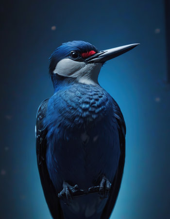 Beautiful blue woodpecker bird on a dark blue background.の素材