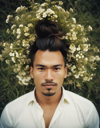 Portrait of a handsome young man with flowers in his hair.の素材