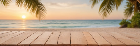 Wooden table top on blur tropical beach background - can be used for display or montage your productsの素材