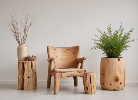 Wooden chair and plant in vases on a white wall backgroundの素材
