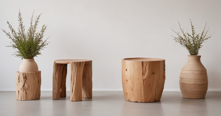 Modern interior design of living room with round wooden table and vasesの素材