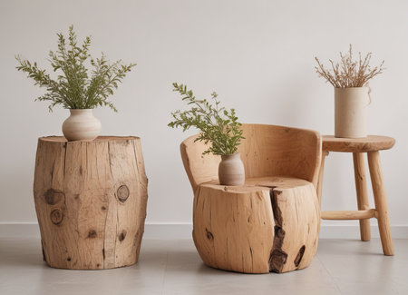 Wooden chair and vase with plant in modern living room interiorの素材